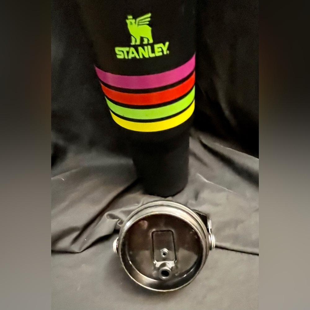 Stanley 30 Ounce Distressed Black Travel Mug with Rainbow of Neon Stripes Trendy - Picture 10 of 12